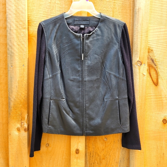 Black Leather Sweater Jacket Vtg - Picture 1 of 8